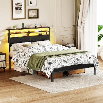 Furnulem Full Size Bed Frame with Headboard 2 Fabric Drawers Bed Featuring LED Lights Built-in Charging Station Storage Shelves No Box Spring Needed