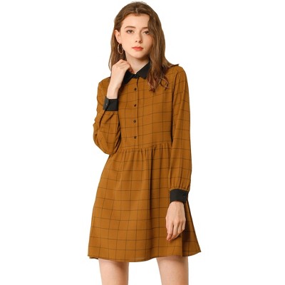 INSPIRE CHIC Women's Plaid Long Sleeve Button Contrast Point Collar Shirt Dress