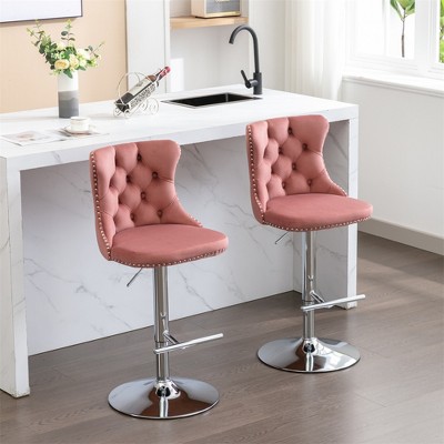 Set of 2 Swivel PU Leather Bar Stools, Adjustable Seat Height From 25-33 Inch, Chrome Base Bar Stools with Comfortable Back for Home Kitchen Island