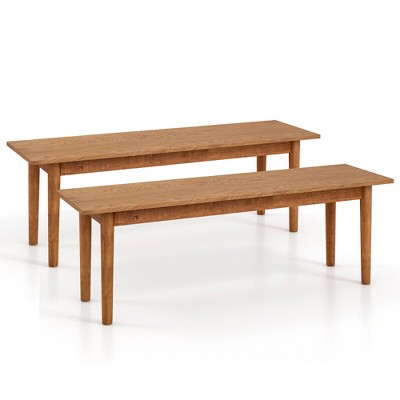 Tangkula 2 PCS Solid Wood Dining Bench Entryway Bench w/ Rubber Wood Legs for Bedroom Oak