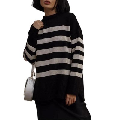Women's Long Sleeve Round Neck Striped Print Long Knit Sweater with Side Slits,M,Black