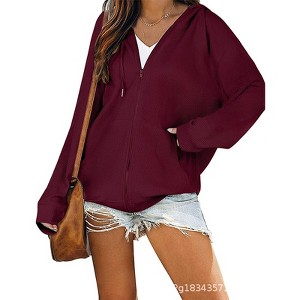 Women's Zip Up Loose Fit Hooded Jackets Comfy Solid Color Long Sleeve Casual Waffle Sweatshirts with Pockets - 1 of 4