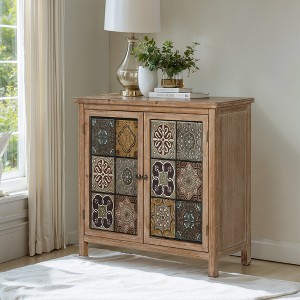 Captiva Designs Accent Distressed Checkered Patterns Storage Cabinet with 2 Doors for Entryway Living Room - 1 of 4