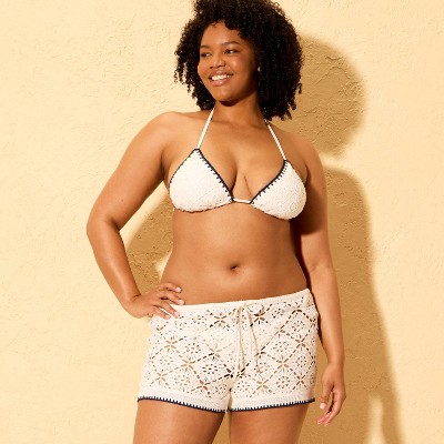 Женские купальники Shade & Shore Women's Crochet Contrast Trim Mid Rise Short Swim Cover Up - Shade & Shore™ Cream S — фото 4