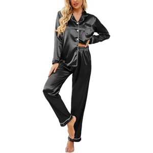 Ekouaer Women's Classic Button Down Long Satin Silk Pajama Set - 1 of 4