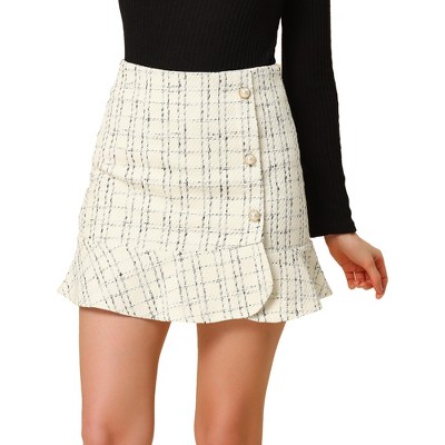 INSPIRE CHIC Women's Plaid Ruffle Hem Button Decor Tweed Mini Skirt