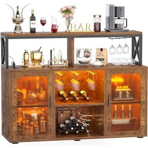 White Bar Cabinet with Power Outlets, Liquor Cabinet with Led Lights and Glass Holder, Storage Buffet Cabinet Coffee Bar Cabinet for Liquor, Wine Cab - 1 of 4