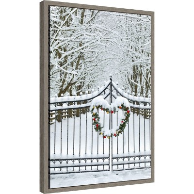 Christmas Wreath and Snow Covered Gate Framed Canvas Print