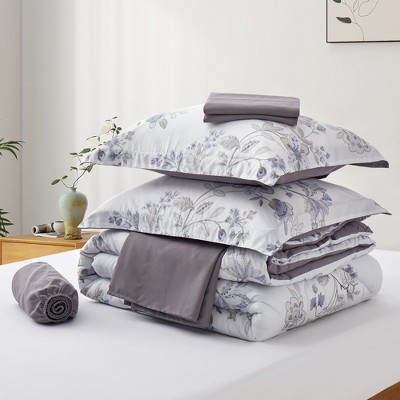 Full/Queen White Microfiber Reversible Floral Bed in a Bag Set