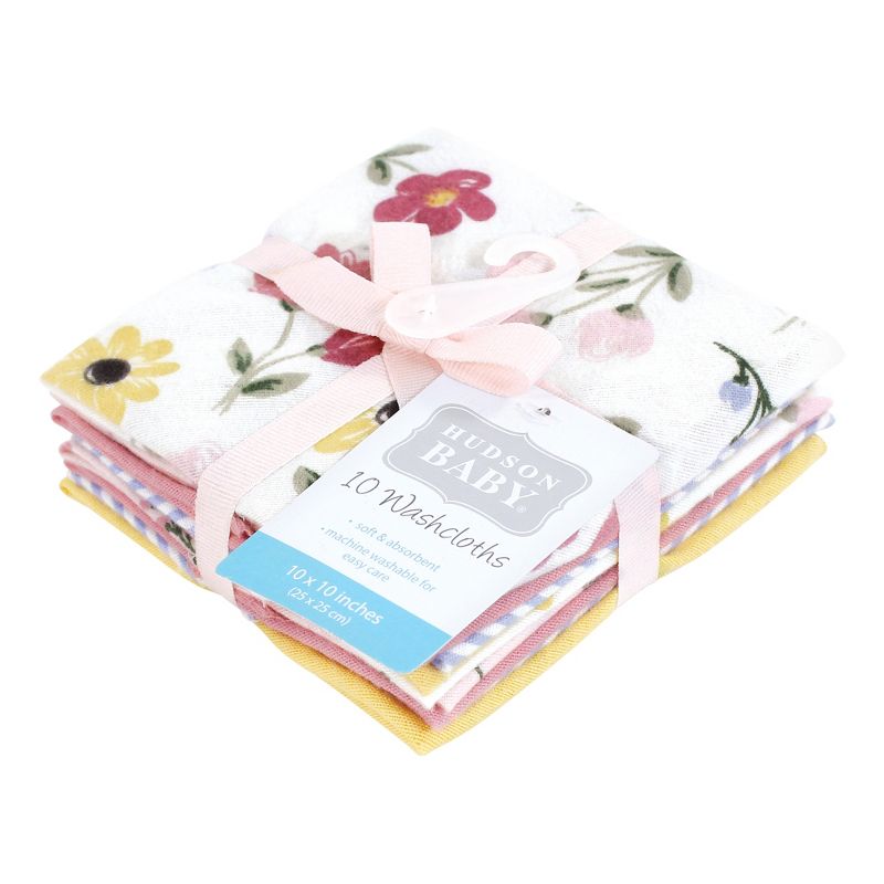 Hudson Baby Infant Girl Flannel Cotton Washcloths, Soft Painted Floral 10 Pack, One Size, 2 of 8