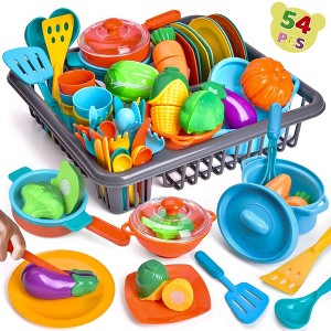 Fun Little Toys 54Pcs Play Dishes Set for Kids Kitchen, Pretend Play Pots, Pans & Food Toys, Toddler Cooking Set - 1 of 4