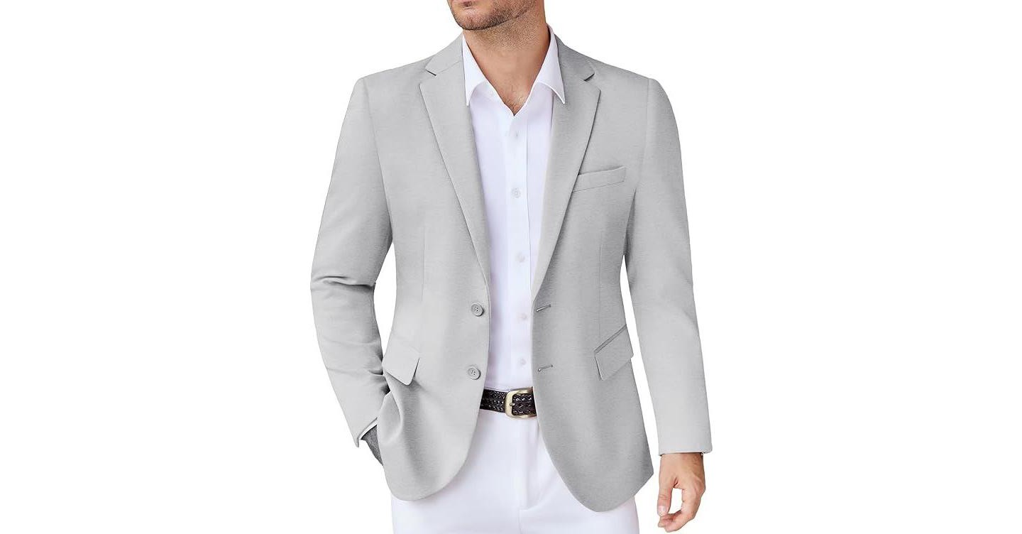 Мужской пиджак COOFANDY Casual Knit Blazer Stretch Slim Fit Sport Coat Two Button Lightweight Suit Jackets Light Grey, цвет: Светлый серый — фото 1