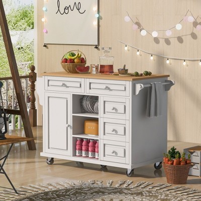 NicBex Mobile Kitchen Island Cart Morden Kitchen Carts on Wheels with 1 Cabinet, 3-Tier Open Storage and 5 Drawers for Kitchen