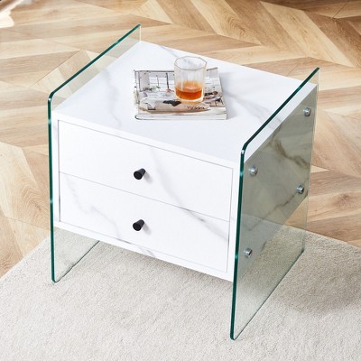 PAGED Nightstand with 2 Storage Drawers, Modern End Table with Transparent Tempered Glass, Bedside Cabinet for Bedroom, Living Room