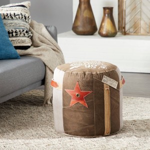 Olivia & May Canvas Pouf with Star Motif Brown: Rustic Unupholstered Round Ottoman, No Assembly Required - 1 of 4