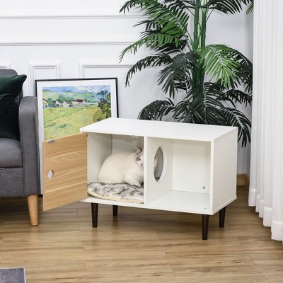 White and Light Brown Particleboard Cat Litter Box Enclosure with Pinewood Legs
