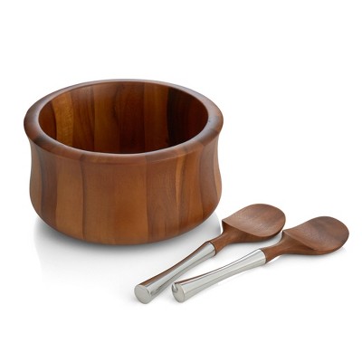 Nambe Nara Acacia Wood Salad Bowl with Alloy Handle Servers