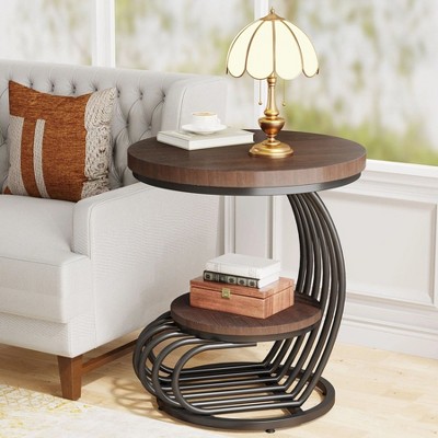 Hommoo Round End Table, 2 Tiers Side Table with Storage Shelf Rustic Brown