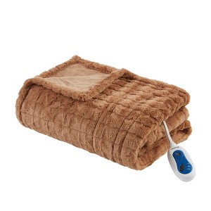 Beautyrest 50"x70" Marselle Oversized Faux Fur Heated Throw Brown Texture - 1 of 4