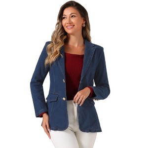 Allegra K Women's Notched Lapel Denim Single Breasted Shoulder Pad Business Casual Blazer - 1 of 4