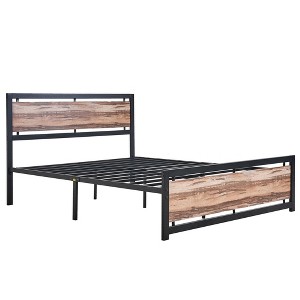 VECELO Twin/Full/Queen/King Size Bed Frame with Wooden Headboard, Metal Bed Platform No Box Spring Needed with Heavy Duty Steel Slat, Brown - 1 of 4