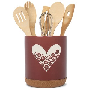 Elanze Designs Floral Heart Flowers Arrangement Love� Ceramic Cork Bottom Red Large Capacity Utensil Holder Crock for Countertop Storage, Stylish & - 1 of 4
