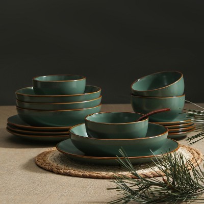 Green Ceramic 32-Piece Dinnerware Set with Gold Detailing