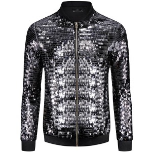INSPIRE CHIC Men's Zipper Festival Disco Sparkly Sequin Baseball Bomber Jacket - 1 of 4