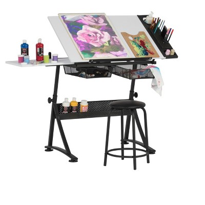 Adjustable White Metal Drafting Table with Storage Drawers