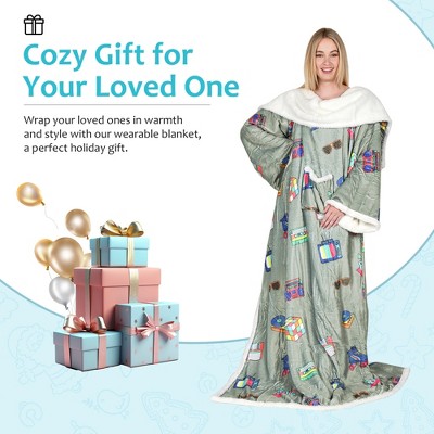 Catalonia 80's Print Sherpa Fleece Wearable Blanket with Sleeves