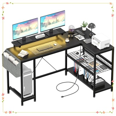 L Shaped Computer Desk with Power Outlets & LED Light
