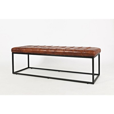 Transitional 55" Tufted Brown Leather Ottoman Bench with Metal Frame