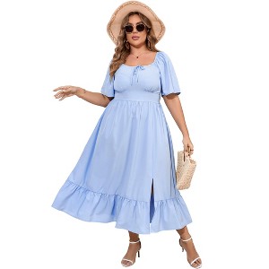 YESFASHION Womens Plus Size Square Neck Floral Print Summer Dress Ruffle Short Sleeve Tie Front Slit Hem Boho Maxi Dress - 1 of 4