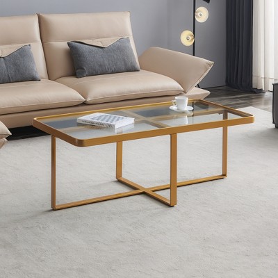 DOMETOUR Minimalism Rectangle Coffee Table, Golden Metal Frame with Tempered Glass Tabletop