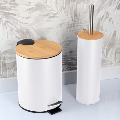 Evideco French Home Goods Bathroom Set with Bamboo Lid - Matte Metal Trash Can and Toilet Brush