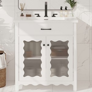 ORRD 31" White Bathroom Vanity with Tempered Glass Top and Soft-Close Doors - 1 of 4