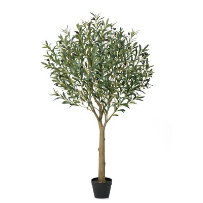 DR.Planzen 5-8FT Lush Artificial Olive Tree - UV Resistant Fake Plant with Black Fruits in 7x8" Black Pot for Indoor/Outdoor House & Floor Decor