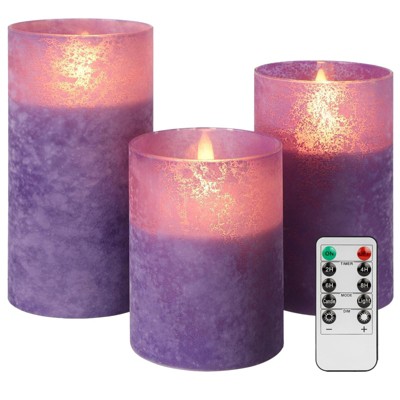 Generic  Purple LED Candles for Home Decor, Glass Flameless Candles with Remote, Set of 3 Battery Operated Pillar Candle for Fall Halloween Decoration