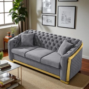 84-Inch Velvet Luxury Chesterfield Sofa Set, 3-Seat Tufted Couch with Gold Stainless Steel Frame for Living Room - 1 of 4