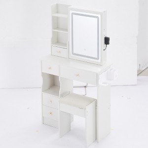 Dressing Table Set with Sliding LED Mirror (3-Color Light), Stool, Hair Dryer Holder, 2 AC & 2 USB Ports, 5 Drawers, and Shelves for Home. - 1 of 4