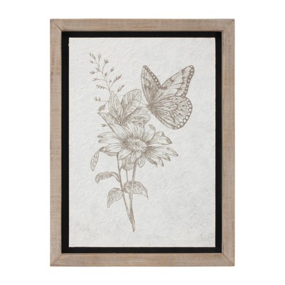 Set of 3 Beige and White Floral Insect Canvas Prints with Fir Wood Frames