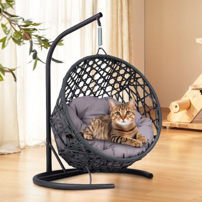 VYNXARIA GRAY Cat Swing Bed with Stand Cushion Cat Egg Chair with Rattan Wicker Appearance