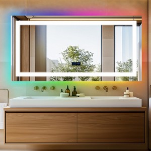 Overlength Rectangle RGB LED Bathroom Mirror w/ Bluetooth Speaker Vanity Mirror for Make Up - 1 of 4