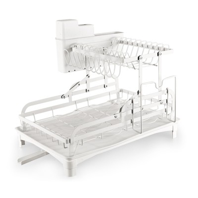 SKONYON 2-Tier Foldable Dish Drying Rack with 360° Swivel Spout & Rustproof Metal Frame