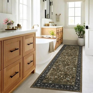 2 x 6 ft Polyester Black Rectangular Hallway Bathroom Entryway Kitchen Office Foldable Flower Printed Modern Washable Area Rug - 1 of 4