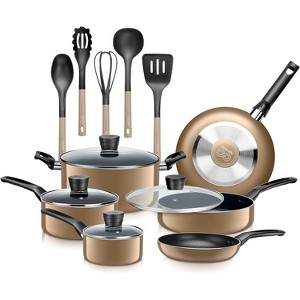 SereneLife 15 Piece Kitchenware Pots & Pans Set – Basic Kitchen Cookware, Black Non-Stick Coating Inside, Heat Resistant Lacquer (Gold) - 1 of 4