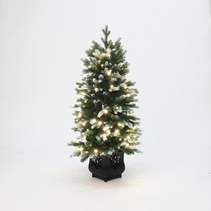 LuxenHome 4Ft Pre-Lit Green and Flocked Artificial Christmas Tree in Black Planter Pot - 1 of 4