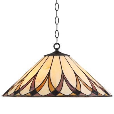 Robert Louis Tiffany Bronze Pendant Light 19 3/4" Wide Mission Amber Accented Art Glass 3-Light Fixture Kitchen Island Dining Room