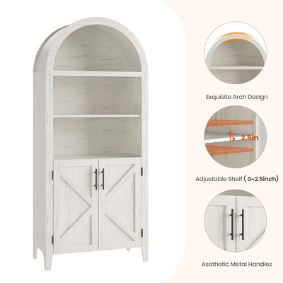 Full view of arched cabinet with circular inset graphics highlighting features