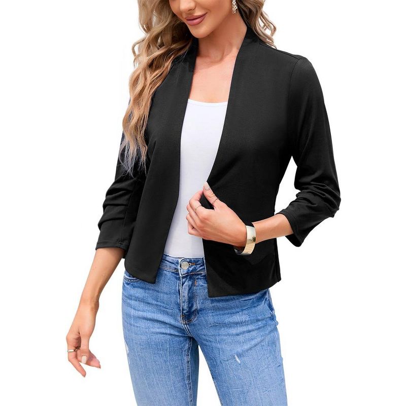 Whizmax Women's 3/4 Sleeve Blazer Casual Open Front Cardigan Shrugs Ruched Sleeve Office Cropped Blazer Jacket, 1 of 8